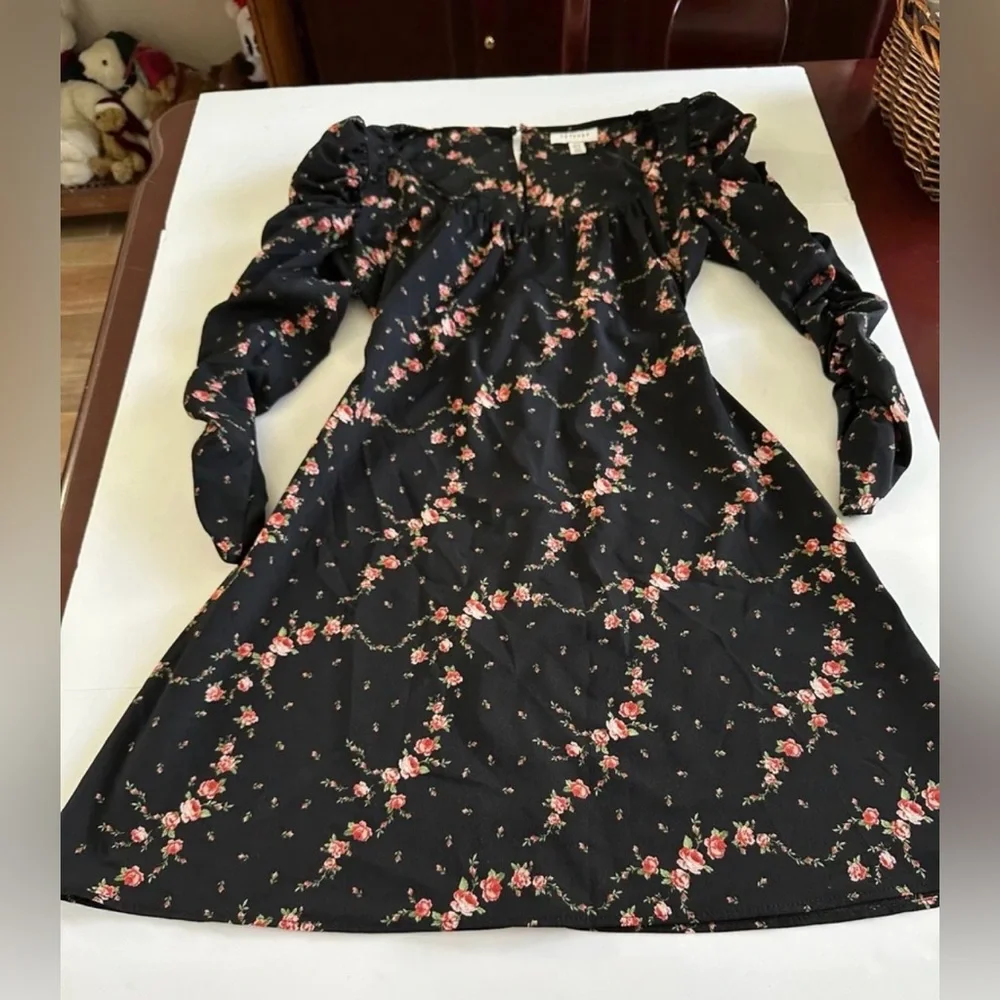 Topshop Black Floral Pink Ruched Long Sleeve Mini Dress size 6 - Picture 8 of 10